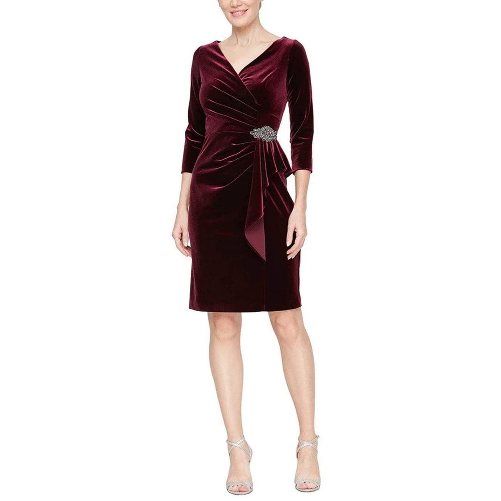 Alex Evenings Velvet Ruched Embellished Sheath Dress Burgundy Size 12 - Picture 9 of 10